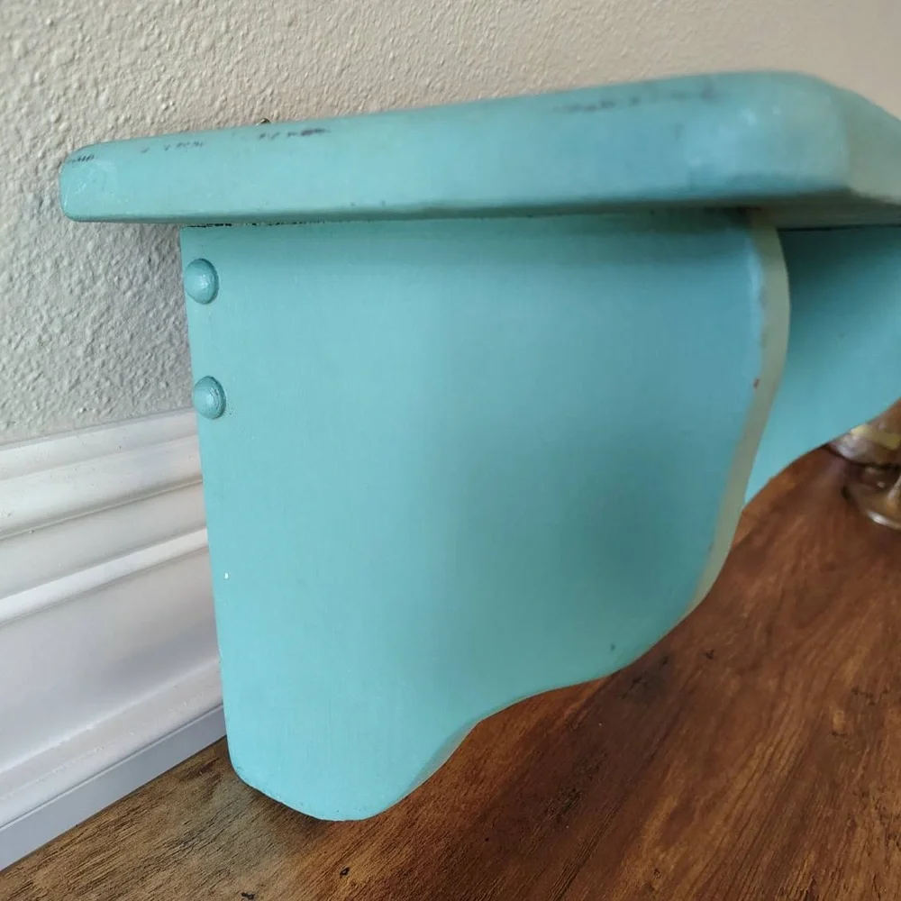 Vtg Wooden Display Hanging Shelf Towel Bar Painted Turquoise Beach Cottage Decor
